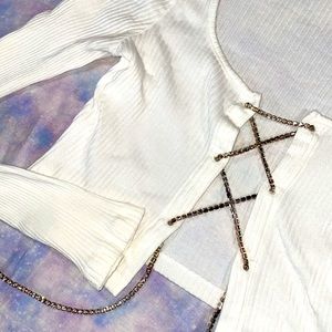 Shein • Ribbed Rhinestone Laced Cropped Sweater